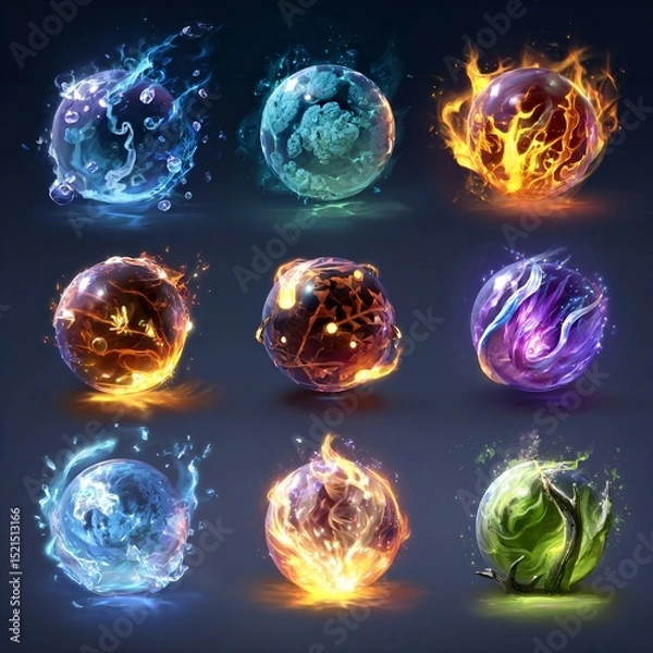 Fototapeta Set of glowing elemental spheres with fire, water, earth, and ice effects in vivid blue, orange, green, and red tones for game design
