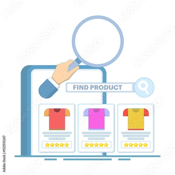 Obraz Find product concept. Search feature to find and compare products online. Search in web stores or online shopping. Price quotes, seller information. Flat design illustration.