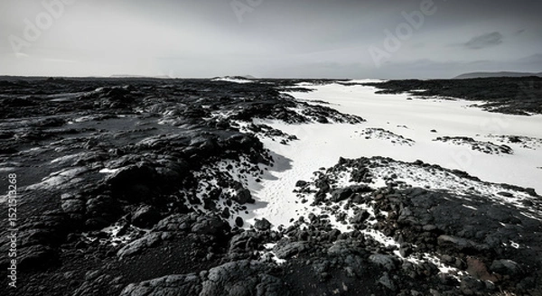 Fototapeta Dramatic Monochrome Landscape Featuring Contrasting Black Lava Fields and White Snow
