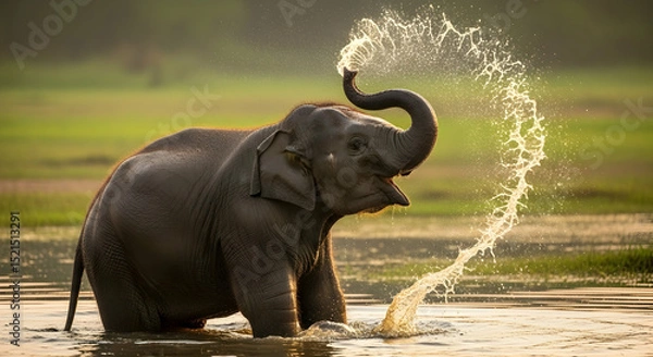 Fototapeta Joyful Elephant Bathing in Pond Spraying Water with Trunk Upwards