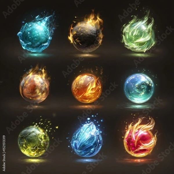 Fototapeta Set of glowing elemental spheres with fire, water, earth, and ice effects in vivid blue, orange, green, and red tones for game design