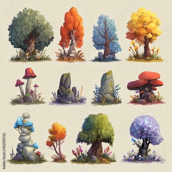 Fototapeta Set of stylized fantasy trees, rocks, and mushrooms in vibrant autumn and spring colors, perfect for game, animation, or illustration design