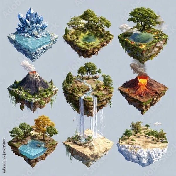 Fototapeta Fantasy floating islands with diverse biomes, vibrant colors, and magical landscapes, perfect for game or book design, computer game asset