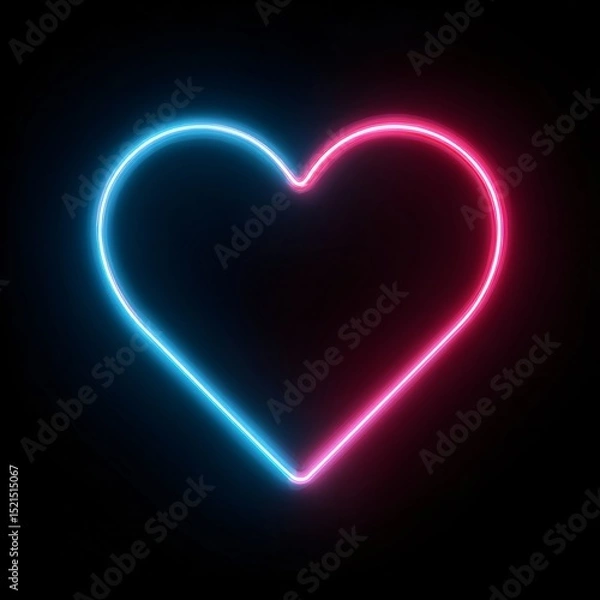 Fototapeta Neon glowing heart outline in blue and pink colors on black background, perfect for love, nightlife, or digital design projects