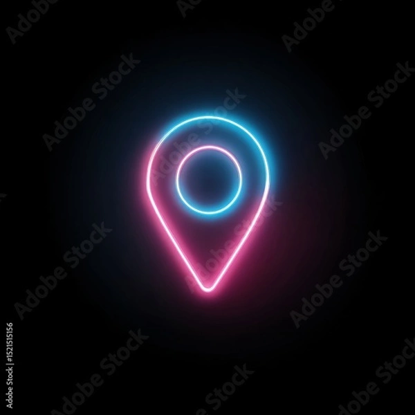 Fototapeta Neon glowing map pin location icon in blue and pink colors on black background, perfect for app, tech, or travel design