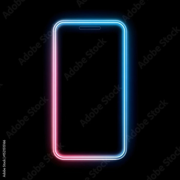 Fototapeta Neon glowing smartphone frame in blue and pink colors on black background, ideal for tech, app, and digital design projects