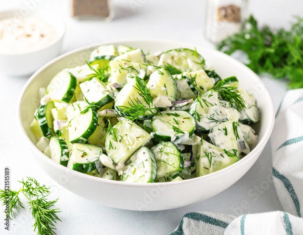 Fototapeta Creamy dill cucumber and onion salad, light background. AI
