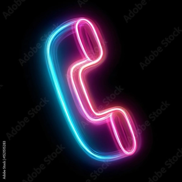 Fototapeta Neon glowing retro phone handset icon in blue and pink colors on black background, perfect for tech, communication, or nightlife design
