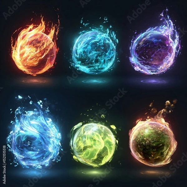 Fototapeta Set of glowing elemental spheres with fire, water, earth, and ice effects in vivid blue, orange, green, and red tones for game design