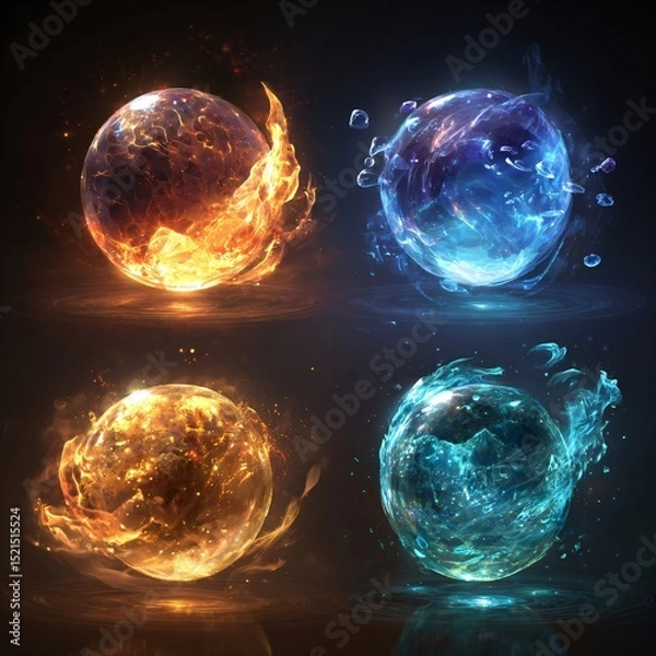 Fototapeta Set of glowing elemental spheres with fire, water, earth, and ice effects in vivid blue, orange, green, and red tones for game design