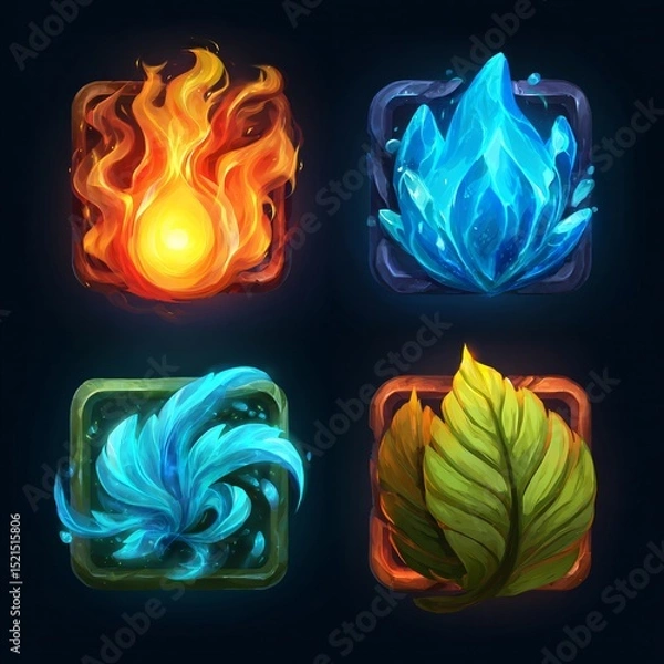 Fototapeta Set of glowing elemental icons with fire, water, ice, and crystal effects, in vibrant blue, orange, and purple colors, ideal for game UI