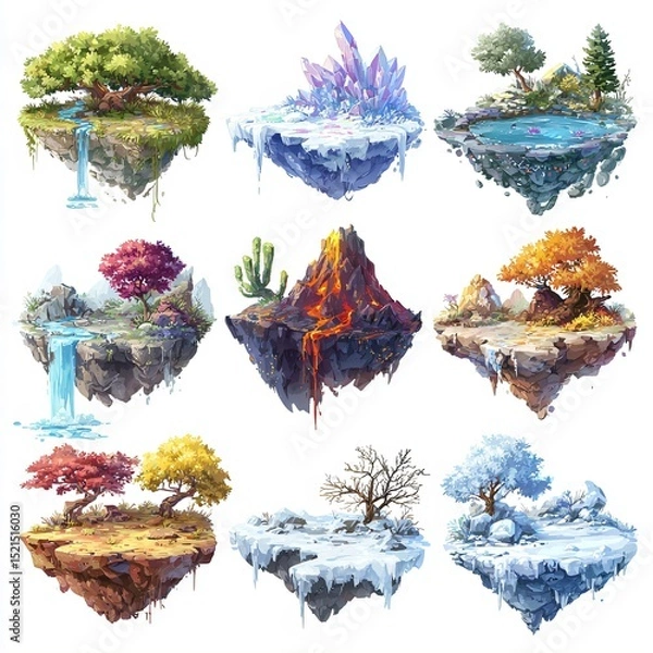 Fototapeta Fantasy floating islands with diverse biomes, vibrant colors, and magical landscapes, perfect for game or book design, computer game asset