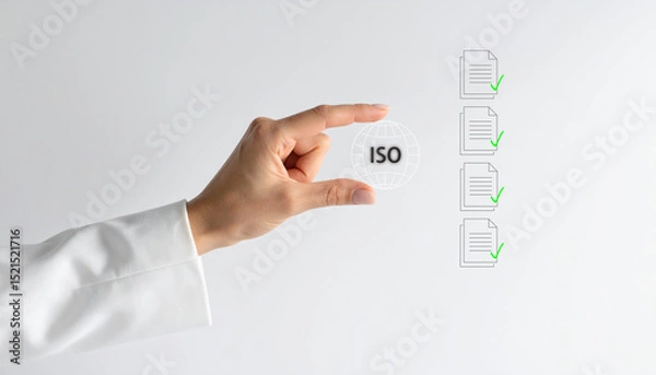 Fototapeta Businesswoman hand pinching virtual ISO icon, with document checklist and green check marks, symbolizing quality assurance and certification process