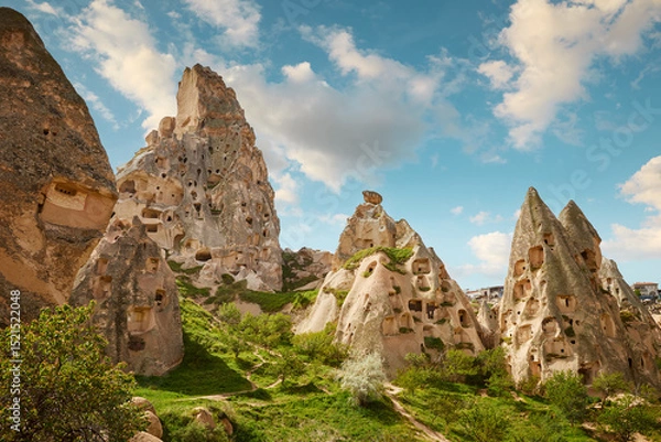 Obraz Panorama of ancient structures in Uchisar town in Cappadocia region, Turkey