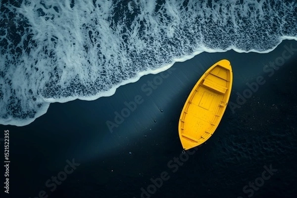 Fototapeta yellow rowboat on dark sandy beach illustration