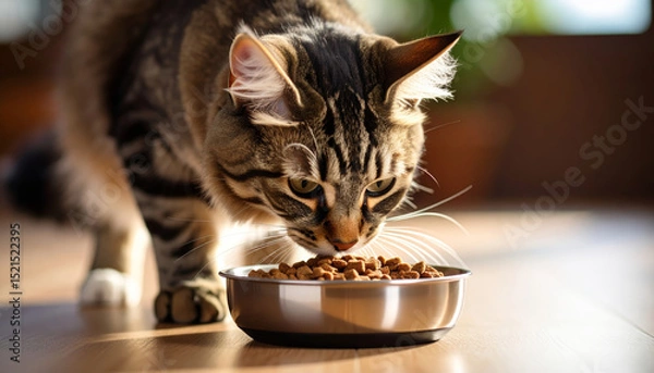 Fototapeta Cat eating dry food from metal bowl on wooden floor, sunlight streaming in, home pet feeding, healthy nutrition, relaxed atmosphere, whiskers visible, close up