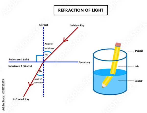 Obraz Effect of refraction of light diagram.Pencil in a glass of water.Science or physics experiment.Visual illusion.Bending light rays.Incident and refracted ray.Metallurgy test.Vector illustration.
