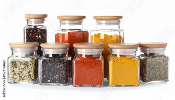 Fototapeta Aromatic spices in glass jars with wooden lids, including turmeric, paprika, black pepper, cardamom, and mixed herbs, arranged on white background for fresh and vibrant kitchen display