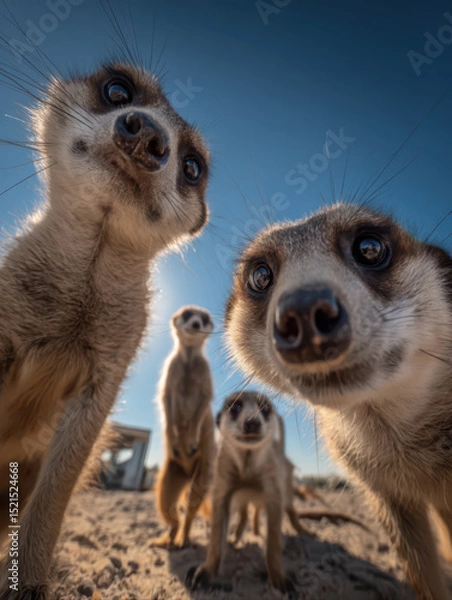 Fototapeta Several meerkats staring at the viewer with curious expressions, against a blue sky background
