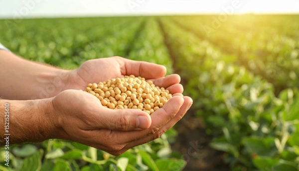 Fototapeta Soybean hand field agriculture crop harvest organic farm nature sunlight—A close up of hands holding soybeans with lush green soybean field in background symbolizing organic farming and harvest
