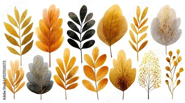 Fototapeta A collection of illustrated autumn leaves in various shapes and warm colors, arranged artistically on a white background.
