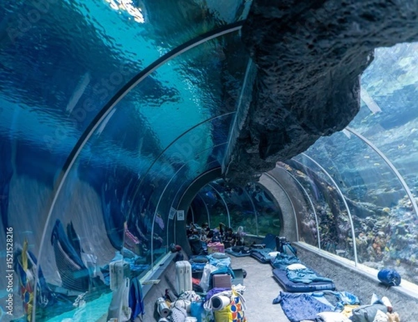 Obraz Preparations for a sleepover night in the tunnel under the zoo's big aquarium, a well-known family activity in Łodź