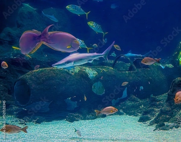 Obraz Lodz, Poland. 06.10.25: Colorful fish swimming over the wreck of a sunken aircraft in the aquarium at the Łódź Zoo