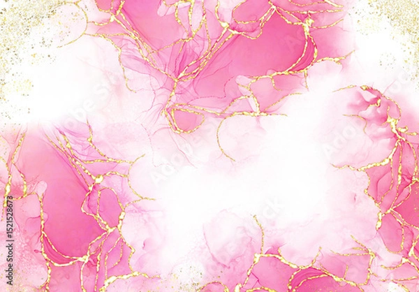 Fototapeta Pink alcohol ink mixed with glitter gold pattern elegant abstract ink flow art with translucent background.