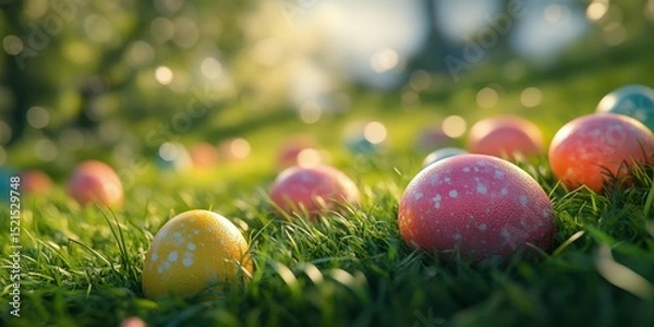 Fototapeta Colorful Easter eggs hidden in green grass during a sunny spring afternoon