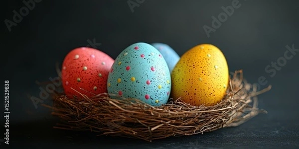 Fototapeta Colorful decorated Easter eggs in a nest on a dark background highlighting spring themes and festive traditions