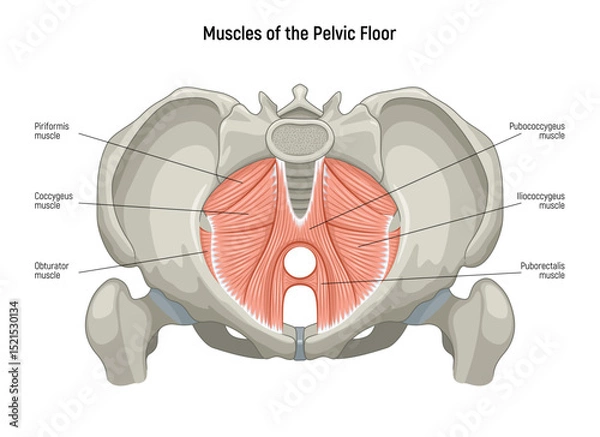 Obraz Muscle of the Pelvic Floor anatomical diagram. Pubococcygeus, Iliococcygeus, Puborectalis, Obturator, Coccygeus, Piriformis muscles vector illustration
