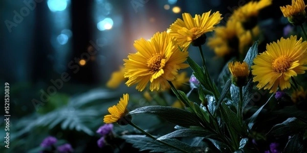 Fototapeta Bright yellow flowers bloom in a serene forest setting illuminated by soft light