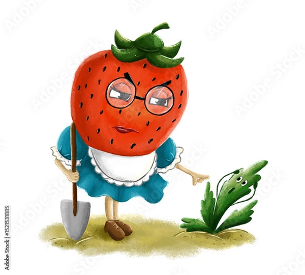 Fototapeta Angry cartoon strawberry is digging weeds with a shovel