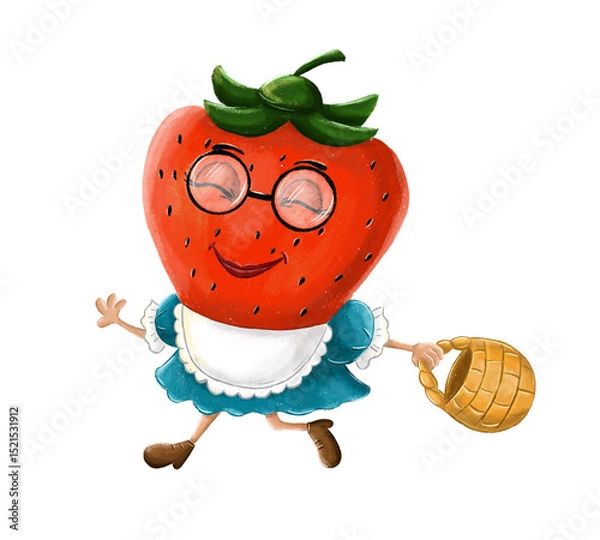 Fototapeta Funny cartoon strawberry is running with the basket