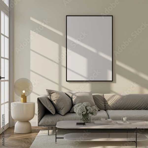 Fototapeta Frame mockup, ISO A paper size. Living room wall poster mockup. Interior mockup with house background. Modern interior design. 3D render
