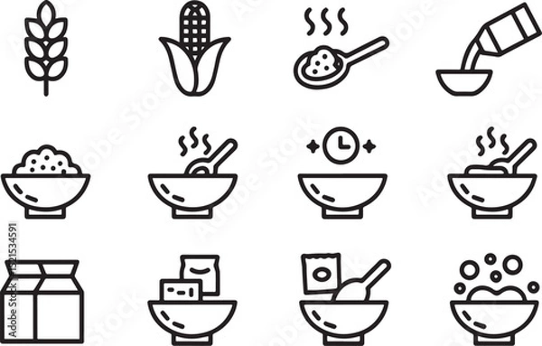 Obraz Breakfast Cereal Preparation and Grain Ingredients Line Icon Set