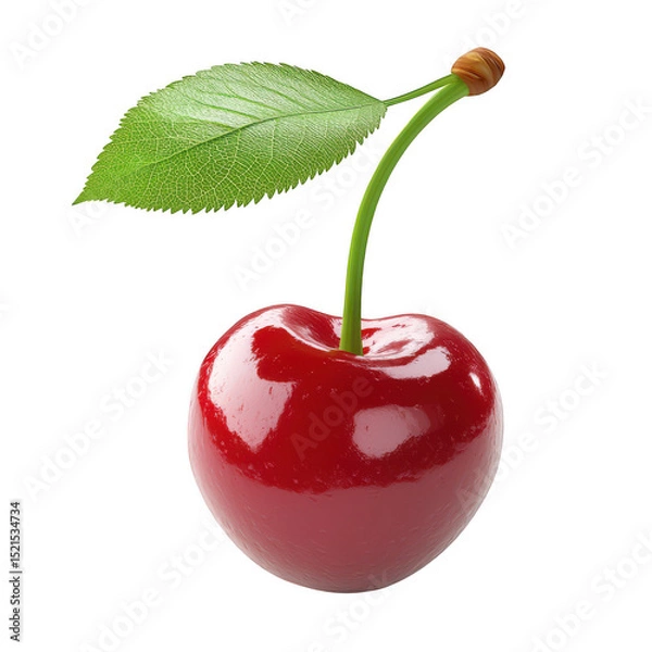 Fototapeta Single red cherry with leaf isolated on transparent background