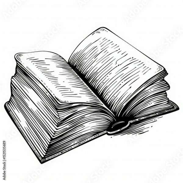 Fototapeta Black and white line drawing of an open book with thick pages, sketched in a vintage engraving style. Ideal for education, literature, reading, and learning-themed visuals