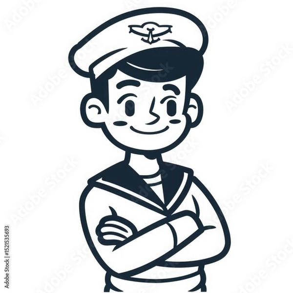 Fototapeta A young boy dressed in a sailor uniform, smiling confidently with arms crossed. The character has dark hair and a cheerful expression, embodying a nautical theme. Black and white illustration