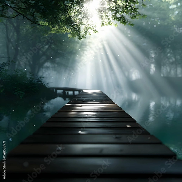 Fototapeta A serene wooden path leading through a mystical forest, illuminated by soft rays of light penetrating the fog.