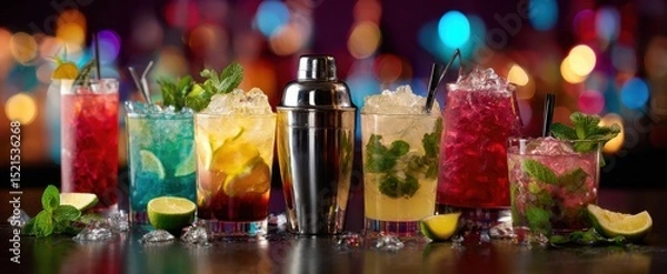 Obraz The vibrant array of colorful cocktails with a shiny shaker on the bar.