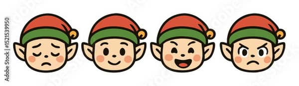 Fototapeta Kawaii Christmas Elf Face Emotes – Sad, Happy, Laughing and Angry Holiday Expressions – Vector Sticker Set
