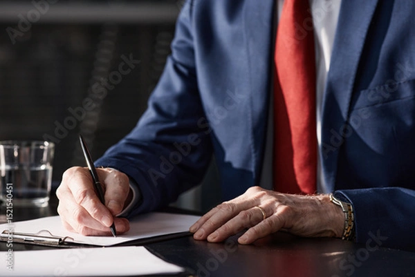 Fototapeta Close up on hands of Caucasian middle aged businessman wearing suit and wristwatch signing document with pen at desk in modern office