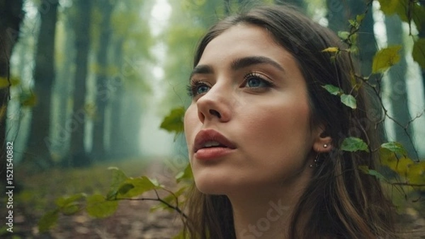 Fototapeta Portrait of a Woman Surrounded by Nature in a Misty Forest with Green Leaves and Soft Lighting