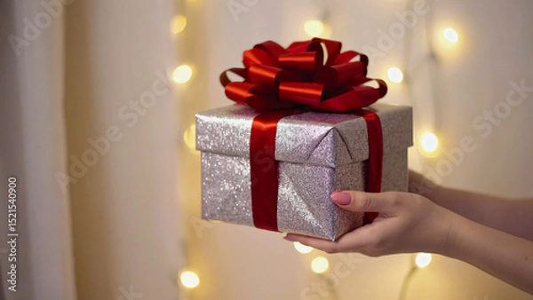 Fototapeta Gift Box with Red Ribbon and Bow Held Against a Soft Focus Background of Warm Fairy Lights