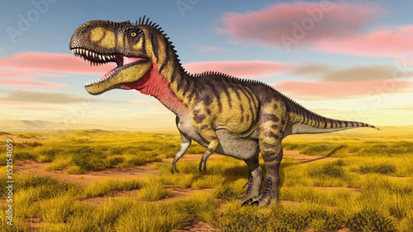 Fototapeta Realistic depiction of a Tyrannosaurus rex in a prehistoric landscape under a colorful sky