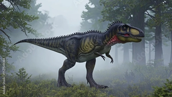 Fototapeta Majestic Tyrannosaurus Rex Roaming Through a Foggy Forest Landscape Surrounded by Lush Greenery