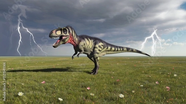 Fototapeta Realistic dinosaur model in dramatic landscape under stormy sky with lightning and grass field