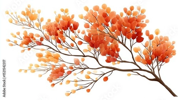 Fototapeta A watercolor illustration of a tree branch with vibrant orange and yellow leaves, evoking an autumn or fall theme on a white background.