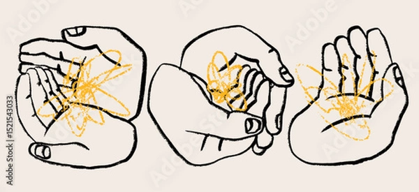 Fototapeta Human hands holding something. Abstract doodle sketchy shape lying in palms. Hand drawn modern Vector illustration. Isolated design elements. Poster, print, sticker templates. Care, support concept